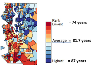 Image shows map of Seattle-King County with pattern of higher longevity in north Seattle and NE King County, and lower longevity in south Seattle and all of south King County.