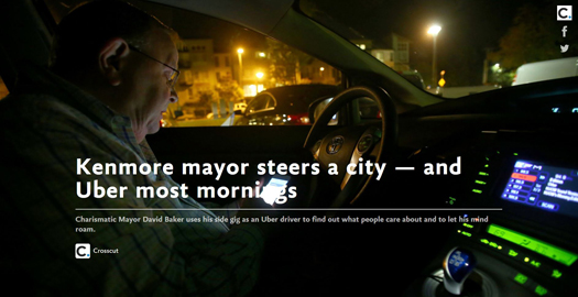 Screenshot of Crosscut news article with title "Kenmore mayor steers a city--and Uber most mornings"