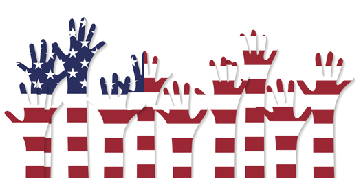 Vote. Hands in the colors of the flag of the United States of America