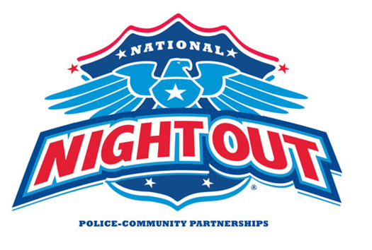 National Night Out Against Crime logo features an image of a shield with an eagle and the tag line police community partnerships
