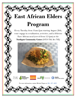 image of East African Elders Program flyer that advertises lunch every Tuesday at Northgate Community Center