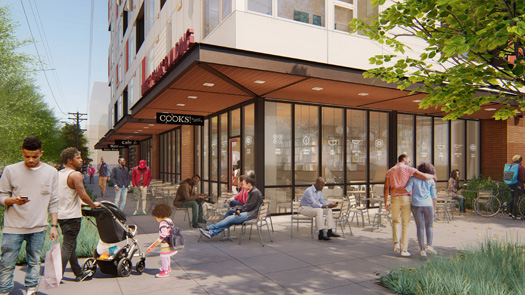 architect's drawing of a storefront and outdoor plaza with people of all ages walking or sitting at outdoor tables