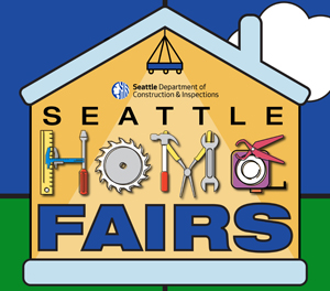Seattle Department of Construction & Inspections Seattle Home Fairs logo includes the shape of a house. The word "home" is spelled with letters that look like carpenters' tools.