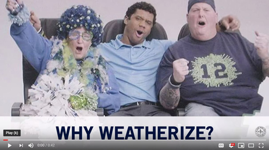 photo of Seahawks fan Mama Blue with two large men, all three cheering from their seats. A caption reads Why Weatherize?