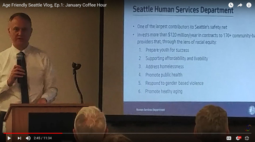 photo of Seattle Human Services Director Jason Johnson presenting at an Age Friendly Seattle coffee hour