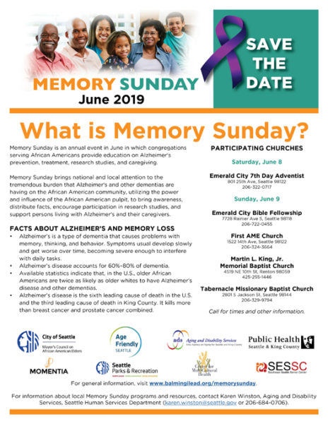 image of Memory Sunday save-the-date flyer listing participating faith communities in the Seattle area