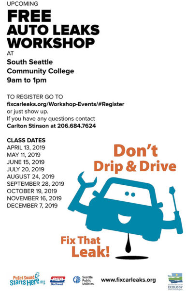 Free Auto Leaks Workshop poster lists dates and contact info. Call Carlton Stinson, Seattle Public Utilities, at 206-684-7624.
