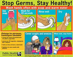 Stop Germs, Stay Healthy poster shows hand-drawn photos of the proper way to wash hands