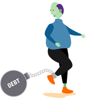 debt illustration of man drasgging ball and chain