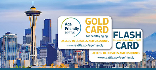 Discount card banner with Space Needle, Seattle skyline & images of the Gold Card for Healthy Aging and FLASH Card