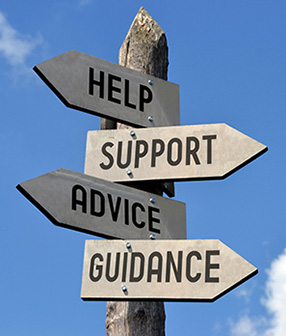 help, support, advice and guidance signs pointing in different directions