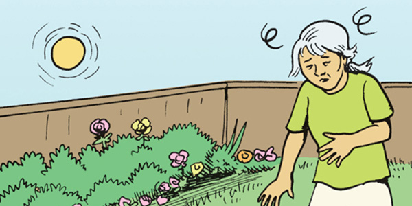illustration of elderly woman in her garden suffering from heat exhaustion