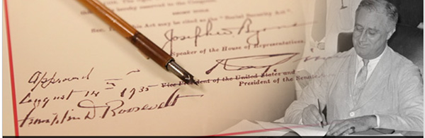 a compilation of the signed social security act and Franklin Roosevelt signing it