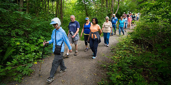 a group of seniors walking on a trail in the woods