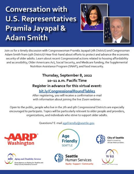 An event flyer featuring US Congressional representatives Pramila Jayapal and Adam Smith.