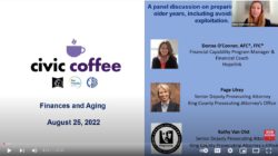 A screenshot from the YouTube recording of the Civic Coffee meeting on finances and aging.