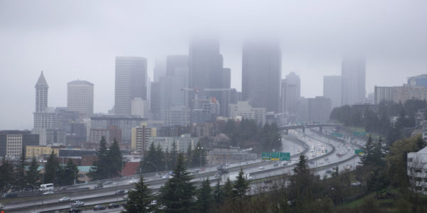 Downtown Seattle in a Rain Storm and Fog