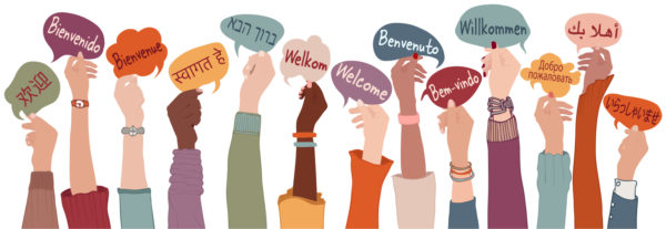 People who welcome. Multiethnic community concept. Diversity of people. Communication between multicultural and multiracial people. Social network concept. Communication concept. Dialogue between different cultures. Talk or converse with people abroad. Dialogue between colleagues or collaborators or collaborators of different races. Concept of globalization and integration