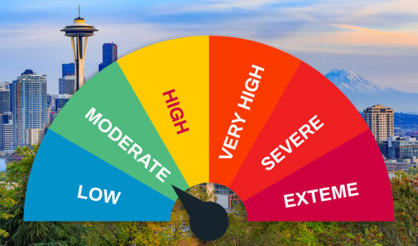 Seattle downtown and Space Needle view, Washington, USA with a wheel indicating low to extreme. The needle is on moderate.