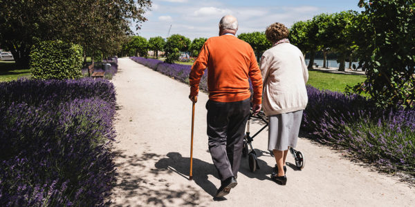 Senior couple walking in park, woman using wheeled walker