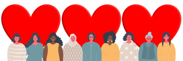 A decorative image featuring red hearts and multi-ethnic animated women.