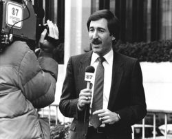 A black and white photo of Herb Weisbaum reporting for KIRO TV in 1981.