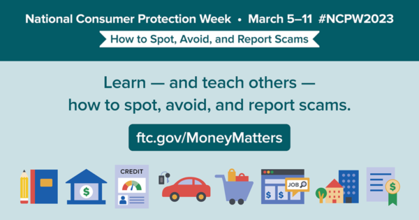 An image with information on how the Federal Trade Commission has resources for detecting financial scams. 