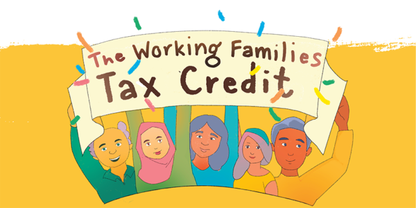 An illustration of multiethnic people holding a sign that says "the working families tax credit."