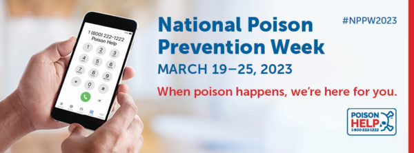 an image of a hand holding a phone with information on poison prevention.
