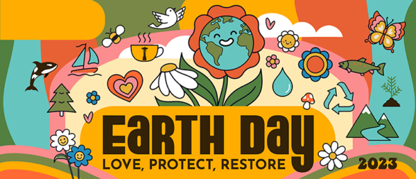 Earth Day graphic featuring a happy cartoon earth.