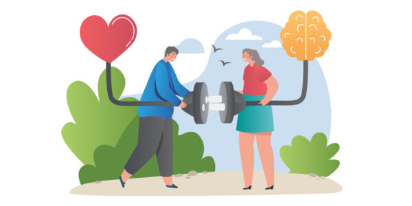 Find balance concept. Man and woman connect brain and heart. Combination of emotional and logical strategies of mindfulness. Self awareness and understanding. Cartoon flat vector illustration