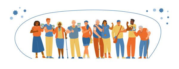 Multiracial people vaccinated flat vector banner. Young and senior men and women showing hands with patches after getting vaccine shot, holding smartphones with vaccination certificates.