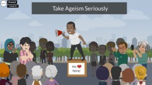 illustration "take ageism seriously" and "we love aging" with man on a soapbox, bullhorn in hand, talking to a crowd of people