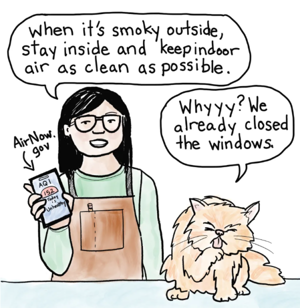 2. Person (showing smart phone app called AirNow.gov): When it's smoky outside, stay inside and keep indoor air as clean as possible. Cat: Why? We already closed the windows.