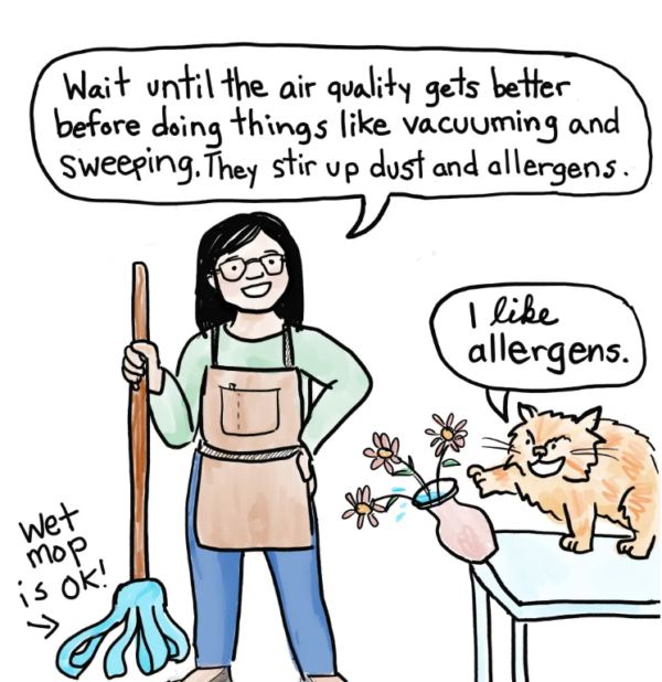 4. Person (standing with mop): Wait until the air quality gets better before doing things like vacuuming and sweeping. They stir up dust and allergens. Web mop is ok! Cat (knocking flower vase off table): I like allergens.