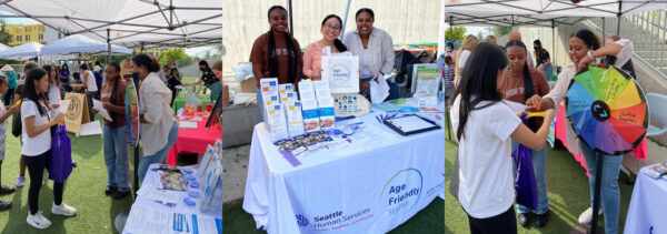 Interns and employees of Age Friendly Seattle provide information at their booth at YES FEST.