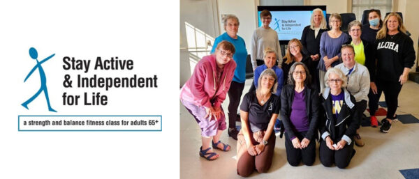 The Stay Active & Indepdent for Life logo at left, and a picture of class participants at right.