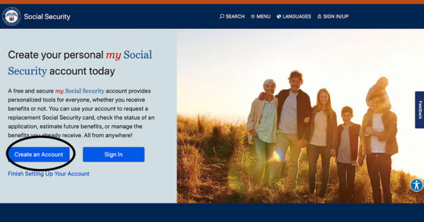 screenshot of social security web page highlighting the "create an account button"