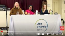 Sarah Carrier, Seattle Information Technology; Sharonne Navas, Equity in Education Coalition; and Dinah Stephens, Age Friendly Seattle presented at the Feb. 23 Civic Coffee on digital navigation. This picture is a screenshot from a video of the meeting.