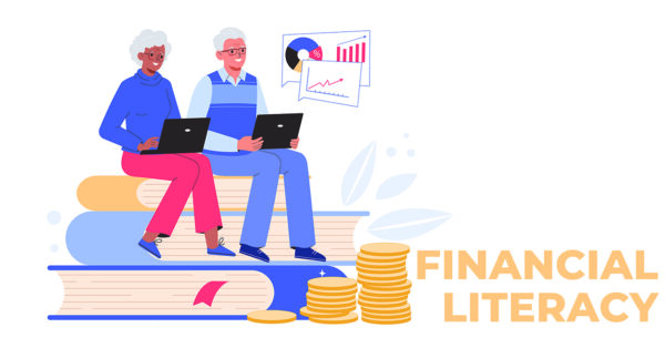 This image is a colorful and informative illustration promoting financial literacy. At the center, there are two older adults sitting comfortably on a stack of oversized books, symbolizing knowledge and learning. They are both engaged with their laptops, suggesting active involvement in financial education.