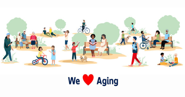People of different ages and nationalities take a walk in the park. Families with children, elderly and young couples, friends spend time together. Vector horizontal illustration.