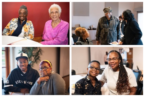 Families post together in four separate photos at the Grandparents Day event